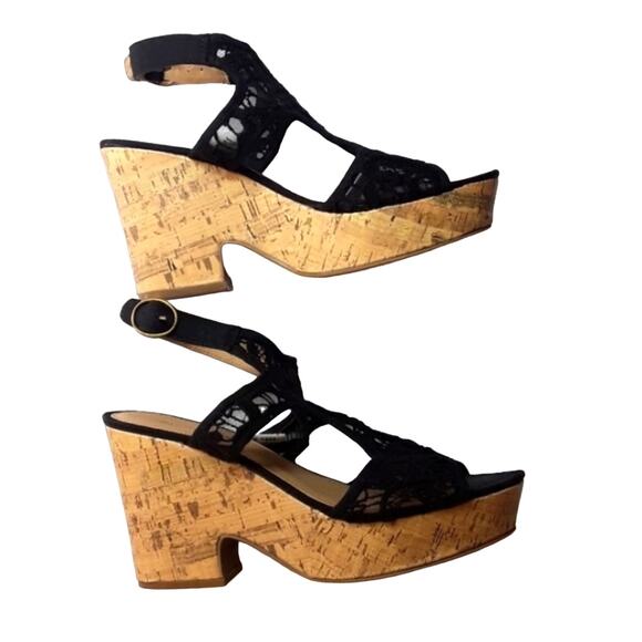 American Eagle Womens Sz 9 BOHO Festival Black Lace Platform 4" Wedge Heels - Picture 2 of 12